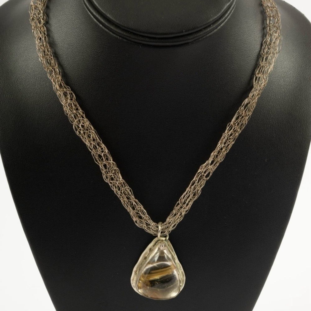 Silver Tone Mesh‎ Necklace with Golden Rutile Quartz Pendant 18”
